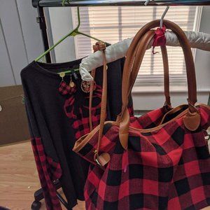 Buffalo Plaid Shirt, Earrings, Purse